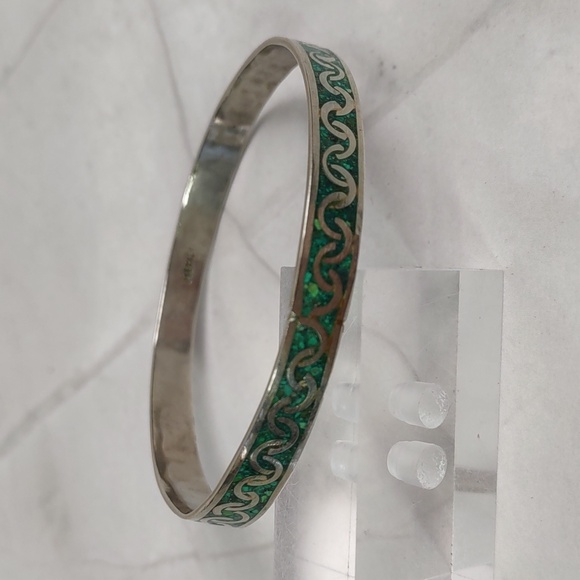 Artisan Crafted Alpaca Silver/Turquoise Inlay Bangle Bracelet - Picture 3 of 6